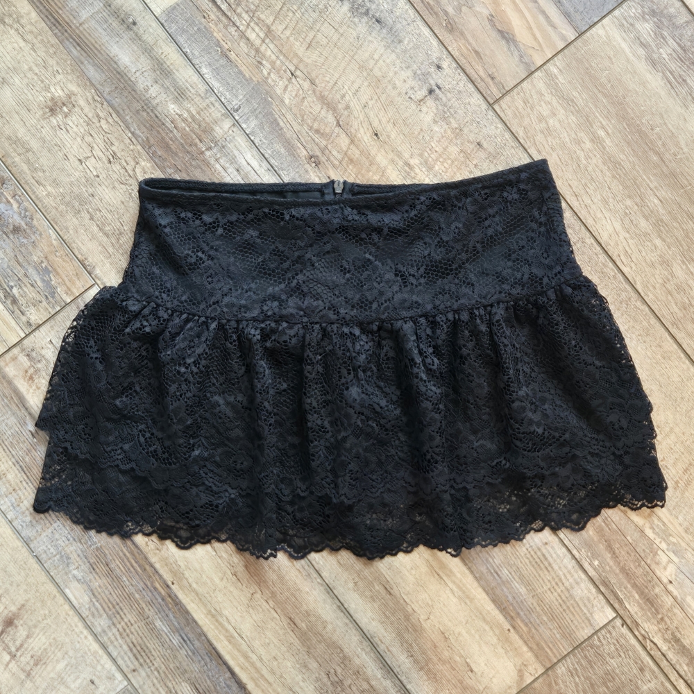 Black Lace Ruffled Mini Skirt